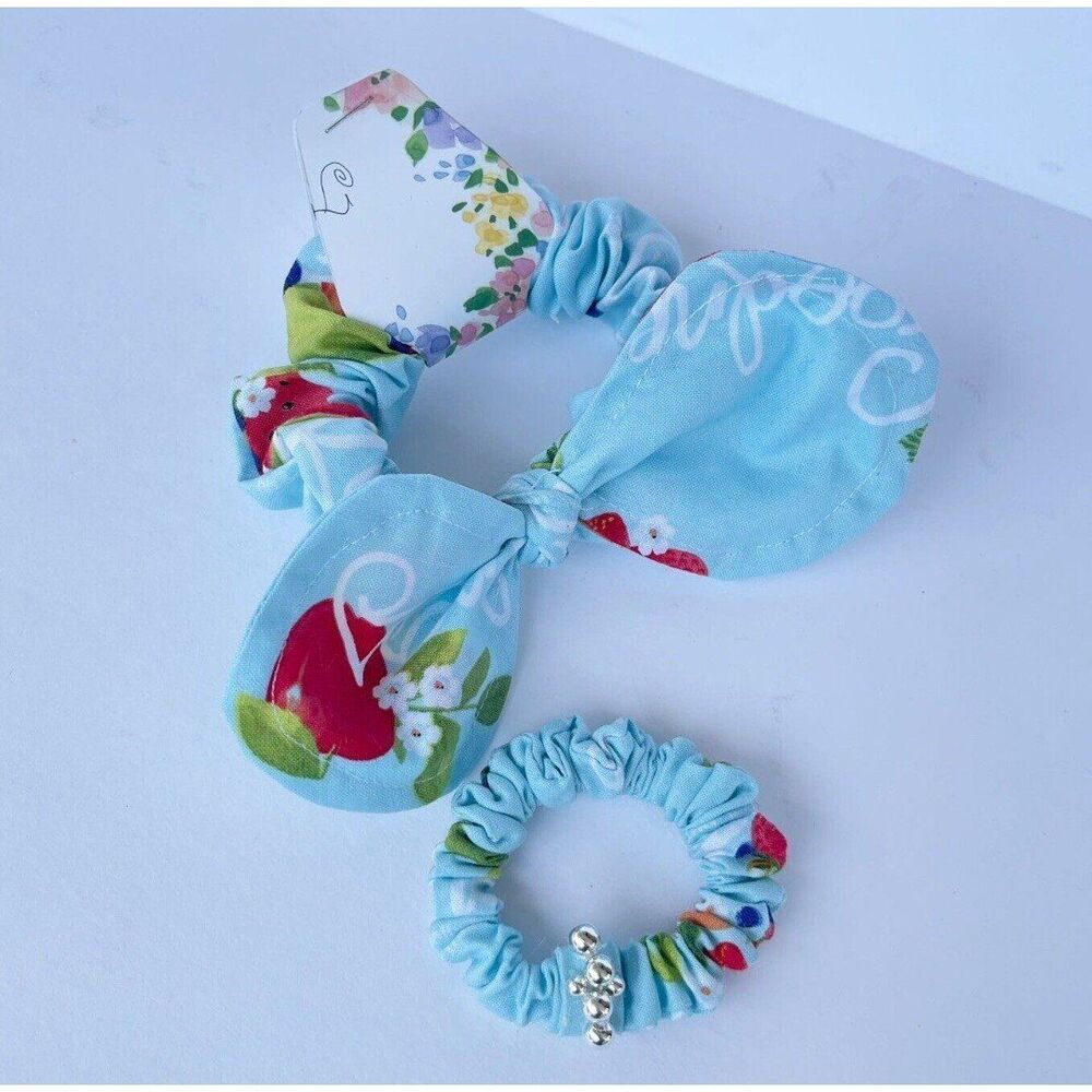 2 New Bow Scrunchie Hair Tie Blue Floral Cotton